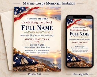Marine Corps Veteran Celebration of Life Invitation, Patriotic Memorial, Editable Canva Template, 5x7 Digital Download