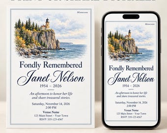 May include: A funeral invitation template featuring a watercolor lighthouse on a cliff, with the text Fondly Remembered Janet Nelson 1954-2026, event details, and a smartphone displaying the same design, presented as an editable digital file.