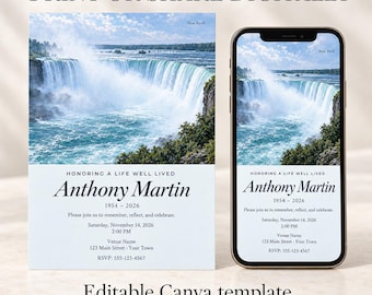May include: A funeral invitation template featuring a photograph of Niagara Falls, with the text Honoring a Life Well Lived, Anthony Martin, 1954-2026, and event details. The design is displayed on a printed card and a smartphone screen.