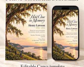 May include: A funeral invitation template featuring a sunset river landscape with oak trees and Spanish moss. The text reads Held Close in Memory, Henry Lawson 1954-2026, and includes event details. The design is displayed on a card and a smartphone screen.