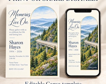 May include: A funeral invitation template featuring a watercolor illustration of a mountain viaduct. Text reads: Memories Live On, Sharon Hayes, 1954-2026, Saturday, November 14, 2026, 2:00 PM, Venue Name, 123 Main Street, Your Town, RSVP: 555-123-4567, North Carolina.