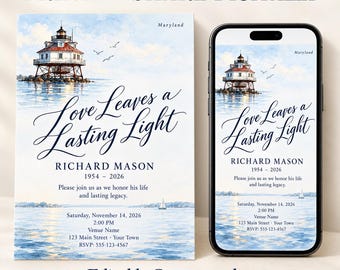May include: A memorial invitation template featuring a watercolor lighthouse on water with the text Love Leaves a Lasting Light, Richard Mason, 1954-2026, and event details. The design is displayed on a physical card and a smartphone screen.