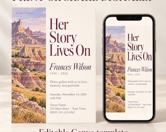 May include: A funeral invitation template featuring a landscape of South Dakota badlands, with the text Her Story Lives On, Frances Wilson, 1954-2026, and event details. The design is displayed on a printed card and a smartphone screen.
