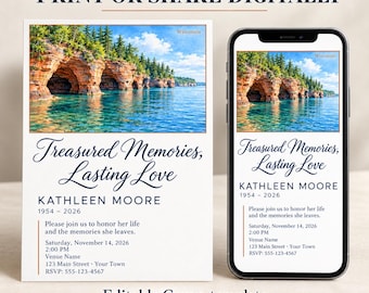 May include: A funeral invitation template featuring a scenic image of Wisconsin cliffs and water. The text reads: Treasured Memories, Lasting Love, KATHLEEN MOORE 1954-2026, Please join us to honor her life and the memories she leaves, Saturday, November 14, 2026, 2:00 PM, Venue Name, 123 Main Street, Your Town, RSVP: 555-123-4567.