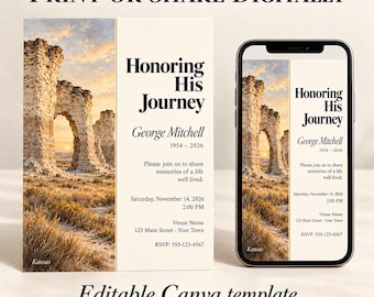 May include: A funeral invitation template featuring a landscape of rock formations in Kansas. The text reads Honoring His Journey, George Mitchell, 1954-2026, and event details. The design is displayed on a printed card and a smartphone screen.