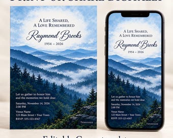 May include: A funeral invitation template featuring a misty mountain landscape with evergreen trees. The text reads: A Life Shared, A Love Remembered, Raymond Brooks 1954-2026, Let us gather to honor him and the memories we hold dear, Saturday, November 14, 2026, 2:00 PM, Venue Name, 123 Main Street, Your Town, RSVP: 555-123-4567, Tennessee.