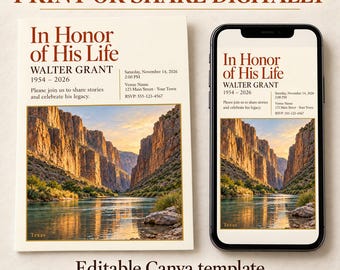 May include: A funeral program template and a smartphone screen displaying the same memorial design. The text reads In Honor of His Life, Walter Grant, 1954-2026, with a scenic canyon river landscape image and event details.
