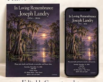 May include: A funeral invitation template featuring a swamp landscape with cypress trees at sunset. The text reads In Loving Remembrance Joseph Landry 1954-2026, with event details including Saturday, November 14, 2026, 2:00 PM, 123 Main Street, and RSVP 555-123-4567.