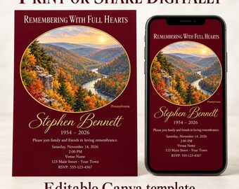 May include: A maroon memorial invitation template featuring a circular landscape image of a river valley in autumn. The text reads Remembering With Full Hearts, Stephen Bennett, 1954-2026, and includes placeholders for event details.