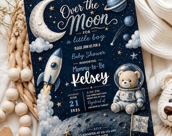 Over the Moon Baby Shower Invitation Template | Space Baby Shower Invite | Invitation | Astronaut Teddy Bear | Moon & Rocket Outer space