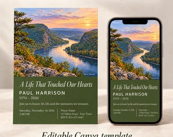 May include: A funeral invitation template featuring a sunset landscape of a river winding through mountains. The text reads A Life That Touched Our Hearts, Paul Harrison, 1954-2026, and includes placeholders for event details, date, time, and venue.