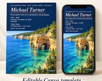 May include: A funeral invitation template featuring a scenic view of rocky cliffs and turquoise water in Michigan. The text reads: Celebrating His Life and Legacy, Michael Turner, 1954-2026, Saturday, November 14, 2026, 2:00 PM, Venue Name, 123 Main Street, Your Town, RSVP: 555-123-4567.