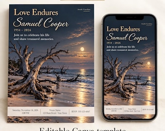 May include: A funeral invitation template featuring a beach at night with a full moon and driftwood. Text reads: Love Endures, Samuel Cooper, 1954-2026, Join us to celebrate his life and share treasured memories, Saturday, November 14, 2026, 2:00 PM, Venue Name, 123 Main Street, Your Town, RSVP: 555-123-4567.
