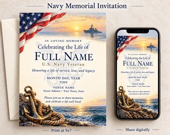 Navy Veteran Celebration of Life Invitation, Patriotic Memorial, Editable Canva Template, 5x7 Digital Download