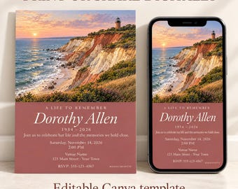 May include: A funeral invitation template featuring a coastal lighthouse scene at sunset. The text reads A LIFE TO REMEMBER, Dorothy Allen, 1954-2026, and event details. The design is displayed on a printed card and a smartphone screen.