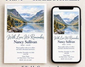 May include: A funeral announcement template featuring a watercolor landscape of mountains and a lake, with the text With Love, We Remember, Nancy Sullivan, 1954-2026, and placeholder event details, displayed on a printed card and a smartphone screen.
