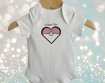 I Choose You Pokemon Pokeball Styled Pink Heart on white 100% Cotton baby vest bodysuit