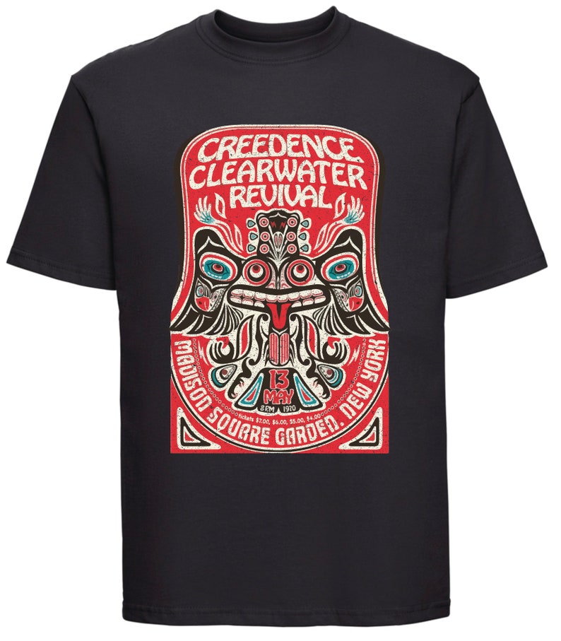 Creedence Clearwater Revival T Shirt in black with the 1970 Madison Square Garden concert poster in vintage effect print primarily in red. CCR Madison Square Garden New York.