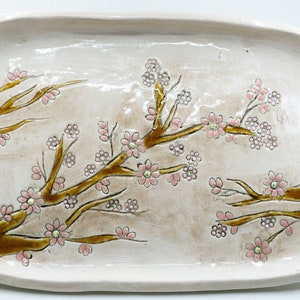 Ceramic Handmade Cherry Blossom Serving Platter , Ceramic Dish Vintage Home Decor Plate image 1