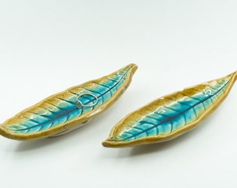 Ceramic Handmade Leaf Plates Set 2 Pieces Decorative Turquoise Small Leafs Organizer Plates Home Decor Gift, Mothers Day Gift