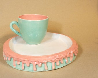 Ceramic Handmade Pink and Jade Mug and Plate Set , Handpainted Coffee Mugs , Tea Cups, Gift For Her , Gift For Him , Unique Gifts