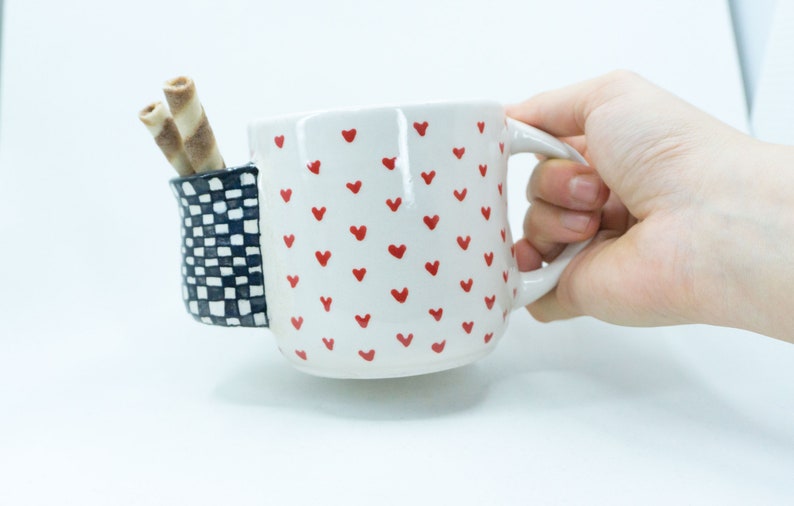 Ceramic Handmade Cute Cookie Holder Mug, Pocketed Coffee , Soup Mug