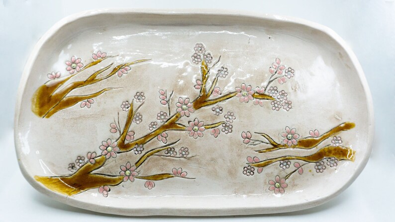 Ceramic Handmade Cherry Blossom Serving Platter , Ceramic Dish Vintage Home Decor Plate image 1