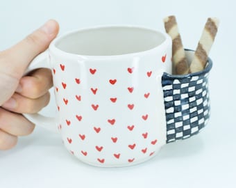 Ceramic Handmade Cute Cookie Holder Mug, Pocketed Coffee , Soup Mug, Cookie warmer Winter Mug, Mug With Checkered Pocket, Unique Gift