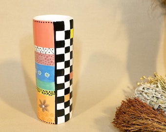 Ceramic Handmade Colorful Vase, Double Sided Vase, Half Colorful Half Checkered Vase, Handpainted Vase, Home Decoration, Unique Gift