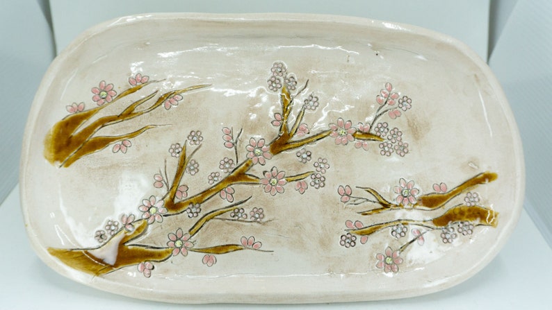 Ceramic Handmade Cherry Blossom Serving Platter , Ceramic Dish Vintage Home Decor Plate image 2