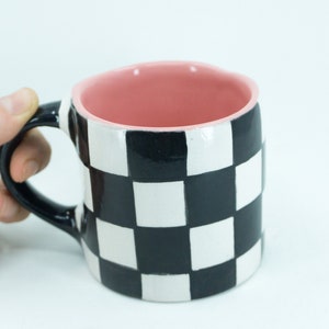 Handmade Retro Checkered Thick Ceramic Mug , Coffee Mugs, Tea Cups, Hand Painted  Mugs, Black and White Mugs, Unique Gifts