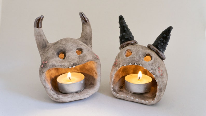Ceramic Handmade Cute Devils Figure & Candle Holder , Halloween Gift 2 Piece Spooky Tealight Holder , Gothic Home Decor Gift image 2