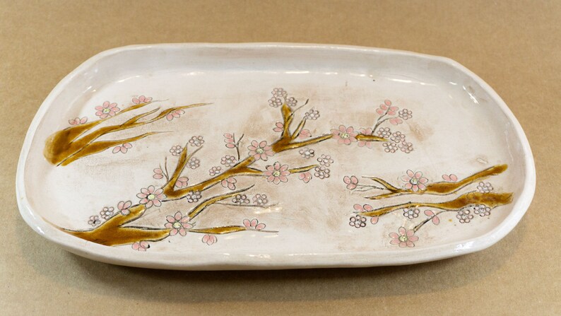 Ceramic Handmade Cherry Blossom Serving Platter , Ceramic Dish Vintage Home Decor Plate image 4