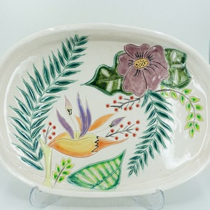 Ceramic Handmade Tropical Flowers Serving Platter , Mothers day Gift,  Ceramic Dish Vintage Home Decor Plate
