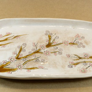 Ceramic Handmade Cherry Blossom Serving Platter , Ceramic Dish Vintage Home Decor Plate image 3