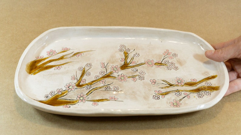 Ceramic Handmade Cherry Blossom Serving Platter , Ceramic Dish Vintage Home Decor Plate image 3