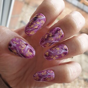 Press on Nails, Marble Nail Art, Gold Leaf,Amethyst Nails, Oval Coffin Stilleto nails image 1