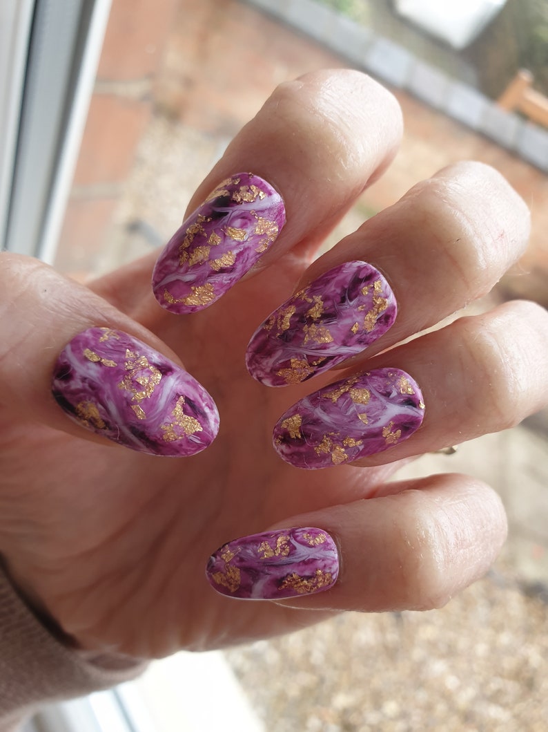 Press on Nails, Marble Nail Art, Gold Leaf,Amethyst Nails, Oval Coffin Stilleto nails image 1