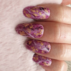 Press on Nails, Marble Nail Art, Gold Leaf,Amethyst Nails, Oval Coffin Stilleto nails image 2