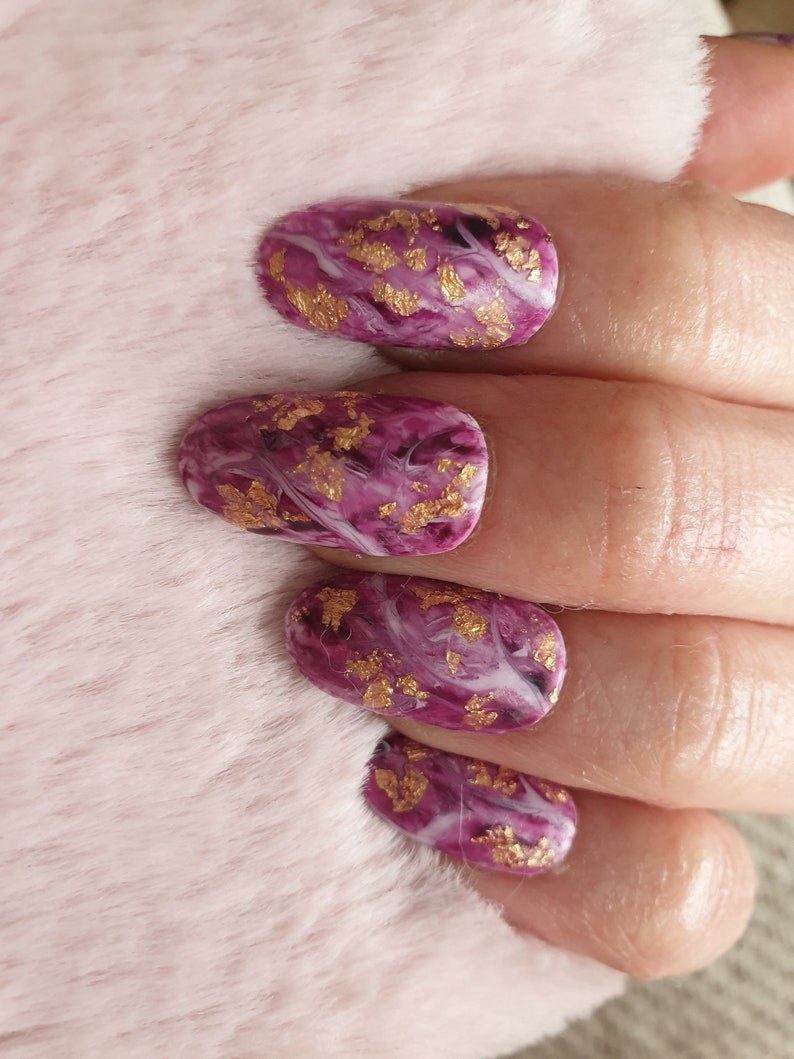 Press on Nails, Marble Nail Art, Gold Leaf,Amethyst Nails, Oval Coffin Stilleto nails image 2