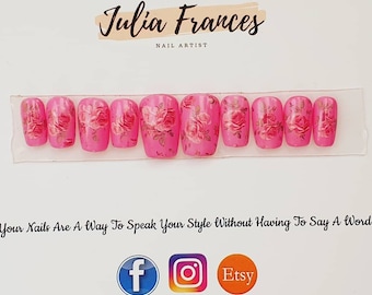 Press on Nails with Pink Roses, nails for mothers day, mothers day gifts, short pink floral nails, false nails, pink nails