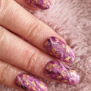 Press on Nails, Marble Nail Art, Gold Leaf,Amethyst Nails, Oval Coffin Stilleto nails image 3
