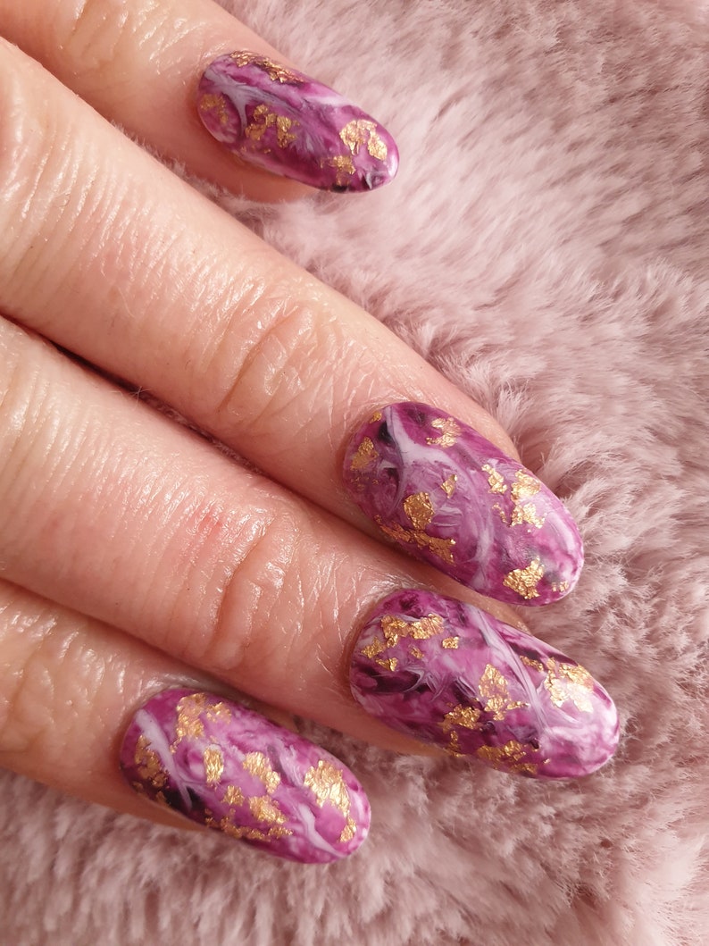 Press on Nails, Marble Nail Art, Gold Leaf,Amethyst Nails, Oval Coffin Stilleto nails image 3