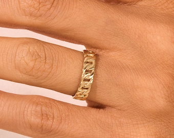 4mm Cuban Chain Ring, Gold Link Band for Women, Statement Stacking Ring