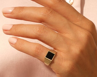 14k Solid Gold Black Signet Ring  / Black Square Pinky Ring / Yellow, Rose, White Gold Signet Ring for Men, Women / Statement Ring