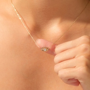 14k Solid Gold Evil Eye Necklace / 0.10 CT Diamond Evil Eye Pendant Necklace for Women / Good Luck Charm Necklace / Unique Birthday Gift
