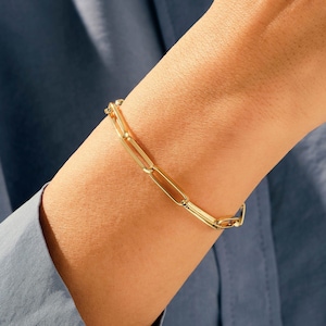 14k Gold Paperclip Chain Bracelet / Paper Clip Link Bracelet / Bold Statement Bracelets Womens / Real Gold Bracelet Gift / Elongated Chain