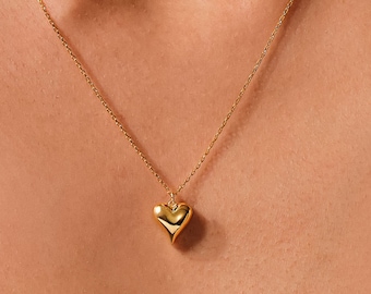 Puffed Heart Charm Necklace in 14k Solid Gold / Gold Heart Pendant / Puffed Heart Charm / Valentine's Day Gift / Minimalist Heart Necklace