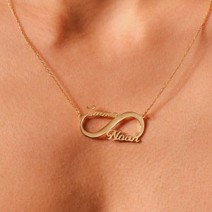 Collar con nombre infinito en oro macizo de 14 quilates, Collar personalizado para mujer, Collar de pareja con dos nombres, Collar de oro personalizado, Regalo para ella