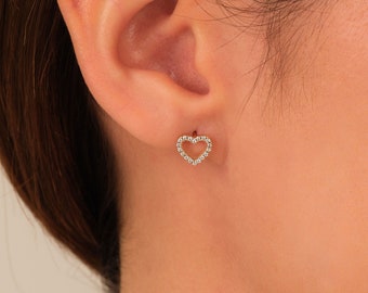 14k Gold Open Heart Diamond Earrings / Heart Earrings For Women / Diamond Heart Stud Earrings 14k 18k Solid Gold Earrings For Her